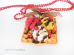 Waffle necklace strawberry banana ice cream / whipped cream, chocolate syrup icing / kawaii charm / miniature food jewelry, fimo mini food red