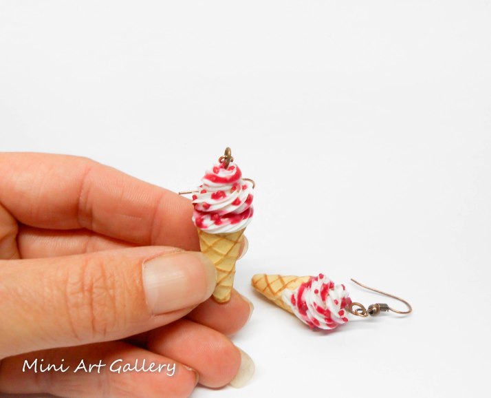 ice-cream earrings / ice cream scoop sundae cone / kawaii earrings / mini food jewelry charm / handmade polymer clay miniature