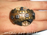 Steampunk polymer clay leather textured ring ooak / gears, screw / bronze, gold, silver