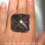 Steampunk polymer clay leather textured ring ooak / gears, screw / bronze, gold, silver 9