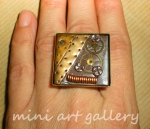 OOAK Polymer clay steampunk square ring / gears cogs / adjustable bronze plated base design