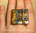 OOAK Polymer clay steampunk square ring / gears cogs / adjustable bronze plated base