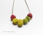 Contemporary Minimal geometric necklace / uneven faceted beads / olive, lime green, red / polymer clay handmade beads / macrame braided adjustable length