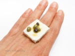 polymer clay greek feta cheese with olive oil and olives ring / adjustable / handmade jewellery / realistic miniature food jewelry / worn