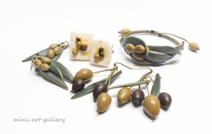 polymer clay greek feta cheese with olive oil and olives ring / olives earrings / adjustable / handmade jewellery / bracelet / macrame knotted / earrings setrealistic miniature food jewelry / worn