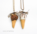 Chocolate vanilla ice-cream necklace / frozen scoop cone / frosting, strawberry biscuits / kawaii fimo necklace / miniature food jewelry